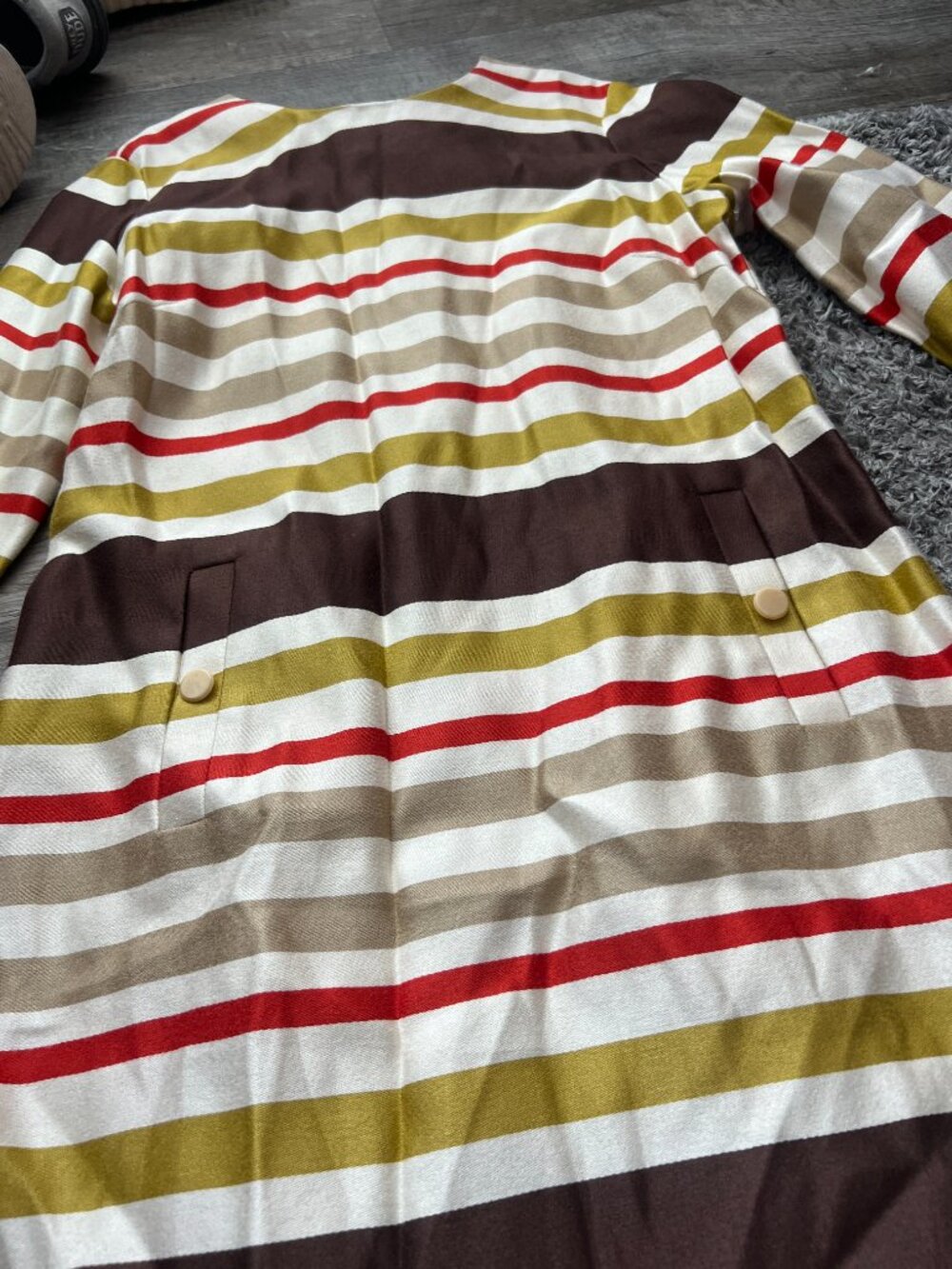 J McLaughlin Striped Shift Dress Red Green Brown 3/4 Sleeve Pockets Size 12 - Picture 10 of 12